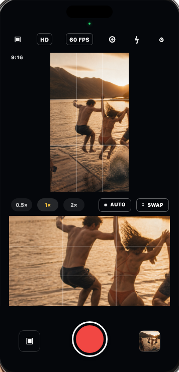 The TwoTake camera interface previewing a full vertical frame and its horizontal crop